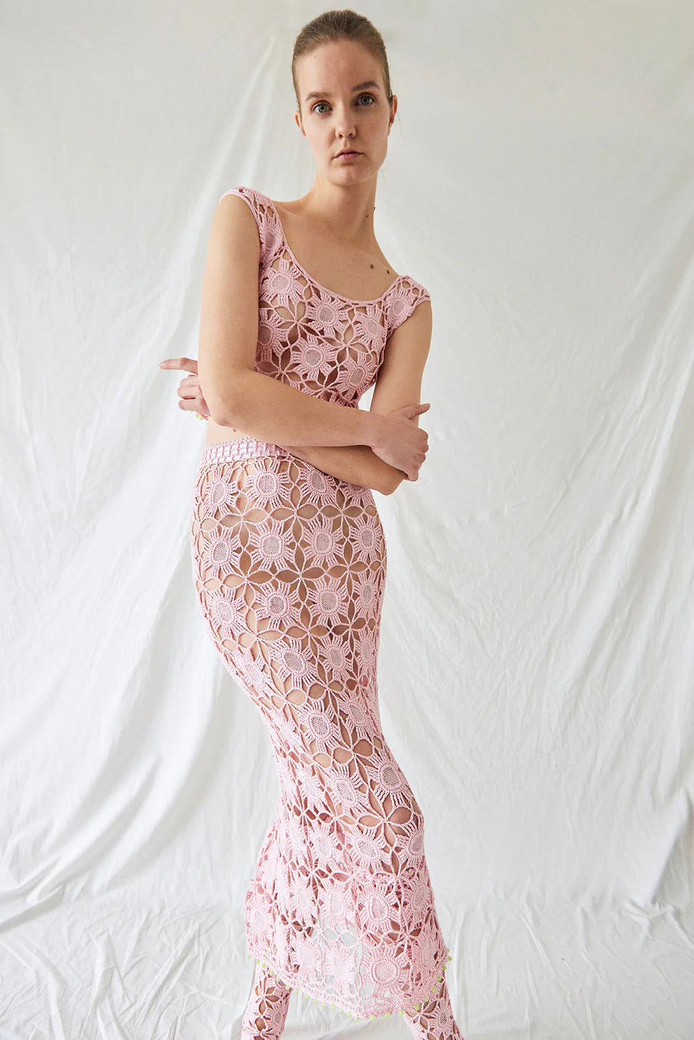 Flower Lace Midi Skirt Pink